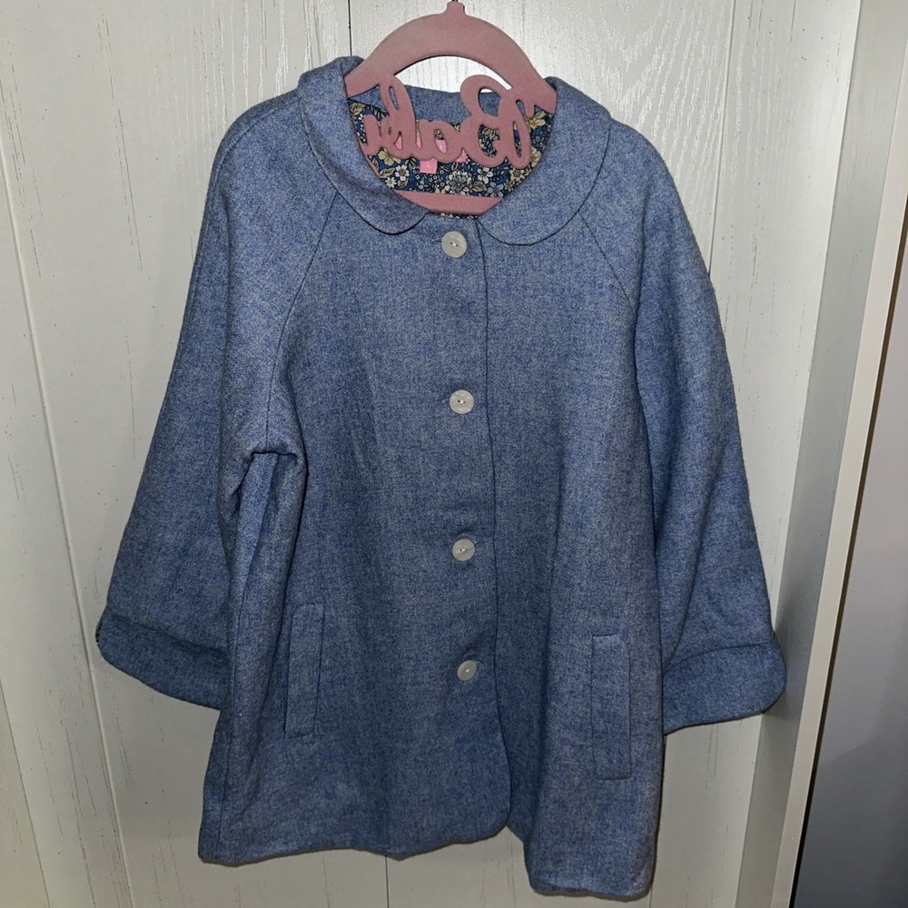 Bisby Girls Wool Blend Collared Button Midi Coat Size Floral Lining Large Blue